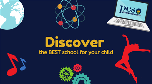 Discover the best school for your child image with globe, laptop, musical notes, energy sign, gears and dancer 